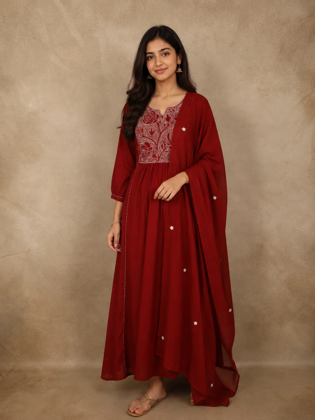 Maroon Thread Embroidered Design Cotton Salwar Suit with Dupatta
